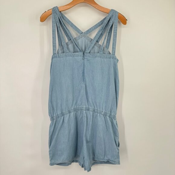 Fabletics Women's chambray Blue Denim Romper Pockets Crisscross Straps sz medium - Picture 10 of 10